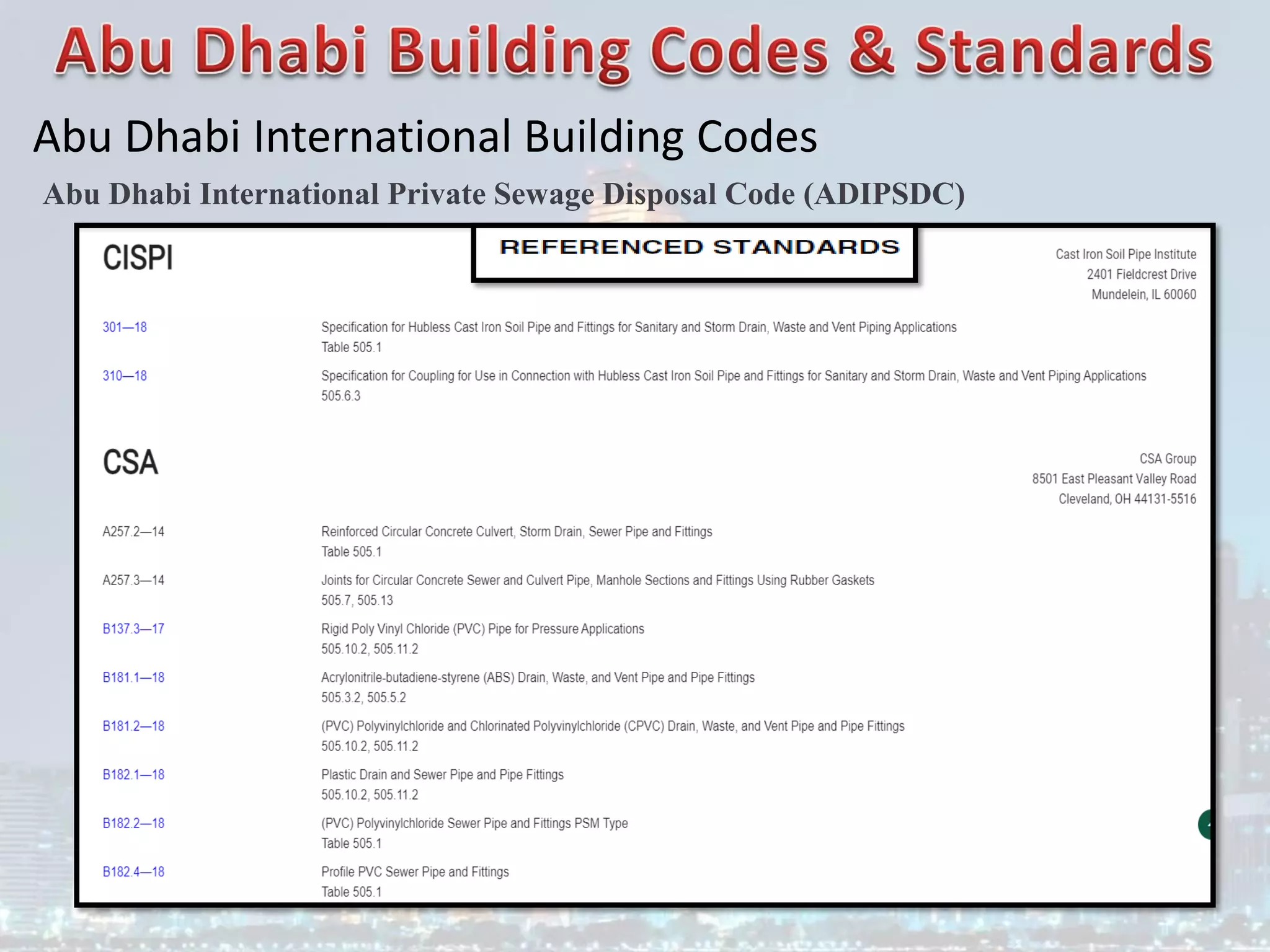 Abu Dhabi International Building Codes
Abu Dhabi International Private Sewage Disposal Code (ADIPSDC)
 