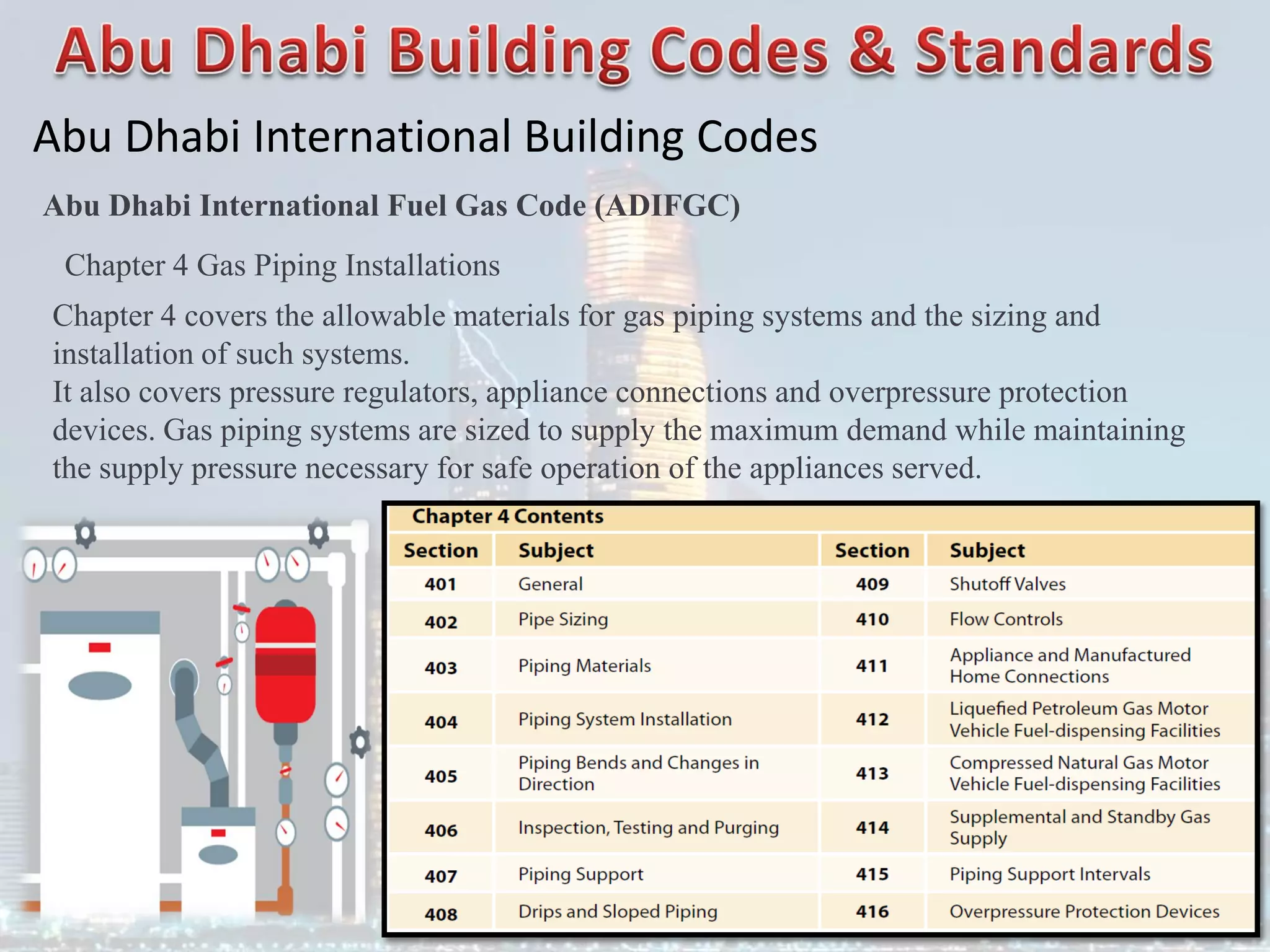 Abu Dhabi International Building Codes
Abu Dhabi International Fuel Gas Code (ADIFGC)
Chapter 4 Gas Piping Installations
Chapter 4 covers the allowable materials for gas piping systems and the sizing and
installation of such systems.
It also covers pressure regulators, appliance connections and overpressure protection
devices. Gas piping systems are sized to supply the maximum demand while maintaining
the supply pressure necessary for safe operation of the appliances served.
 