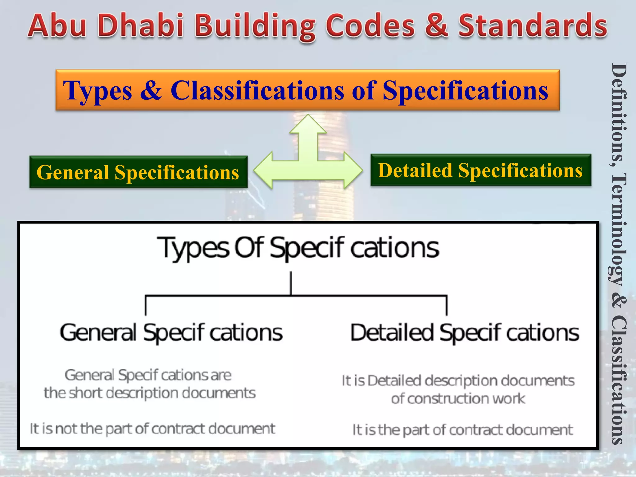 Types & Classifications of Specifications
General Specifications Detailed Specifications
Definitions,
Terminology
&
Classifications
 