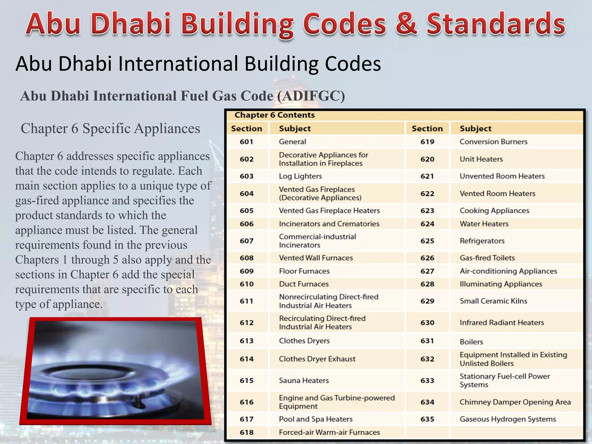 Abu Dhabi International Building Codes
Abu Dhabi International Fuel Gas Code (ADIFGC)
Chapter 6 Specific Appliances
Chapter 6 addresses specific appliances
that the code intends to regulate. Each
main section applies to a unique type of
gas-fired appliance and specifies the
product standards to which the
appliance must be listed. The general
requirements found in the previous
Chapters 1 through 5 also apply and the
sections in Chapter 6 add the special
requirements that are specific to each
type of appliance.
 