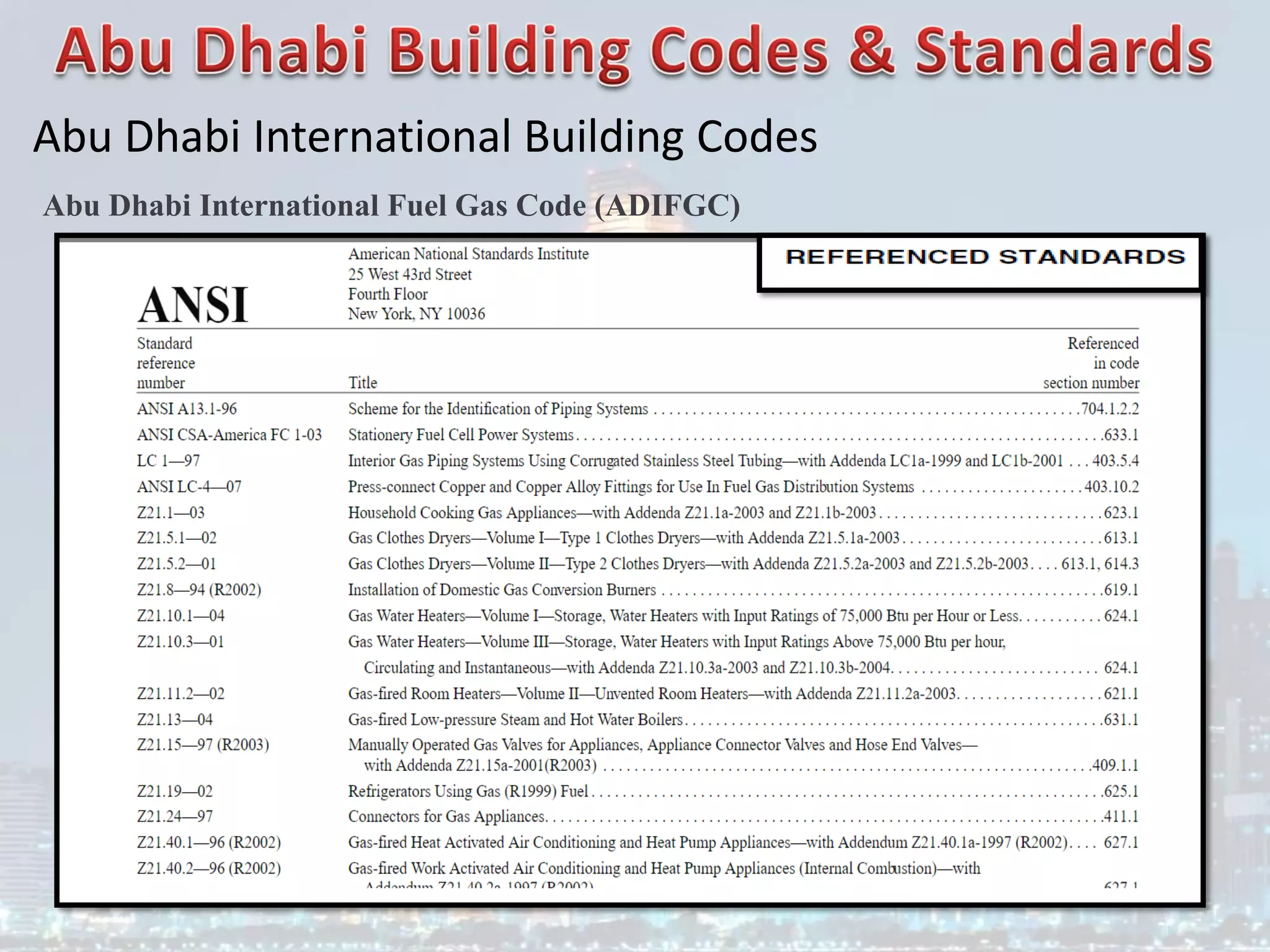 Abu Dhabi International Building Codes
Abu Dhabi International Fuel Gas Code (ADIFGC)
 