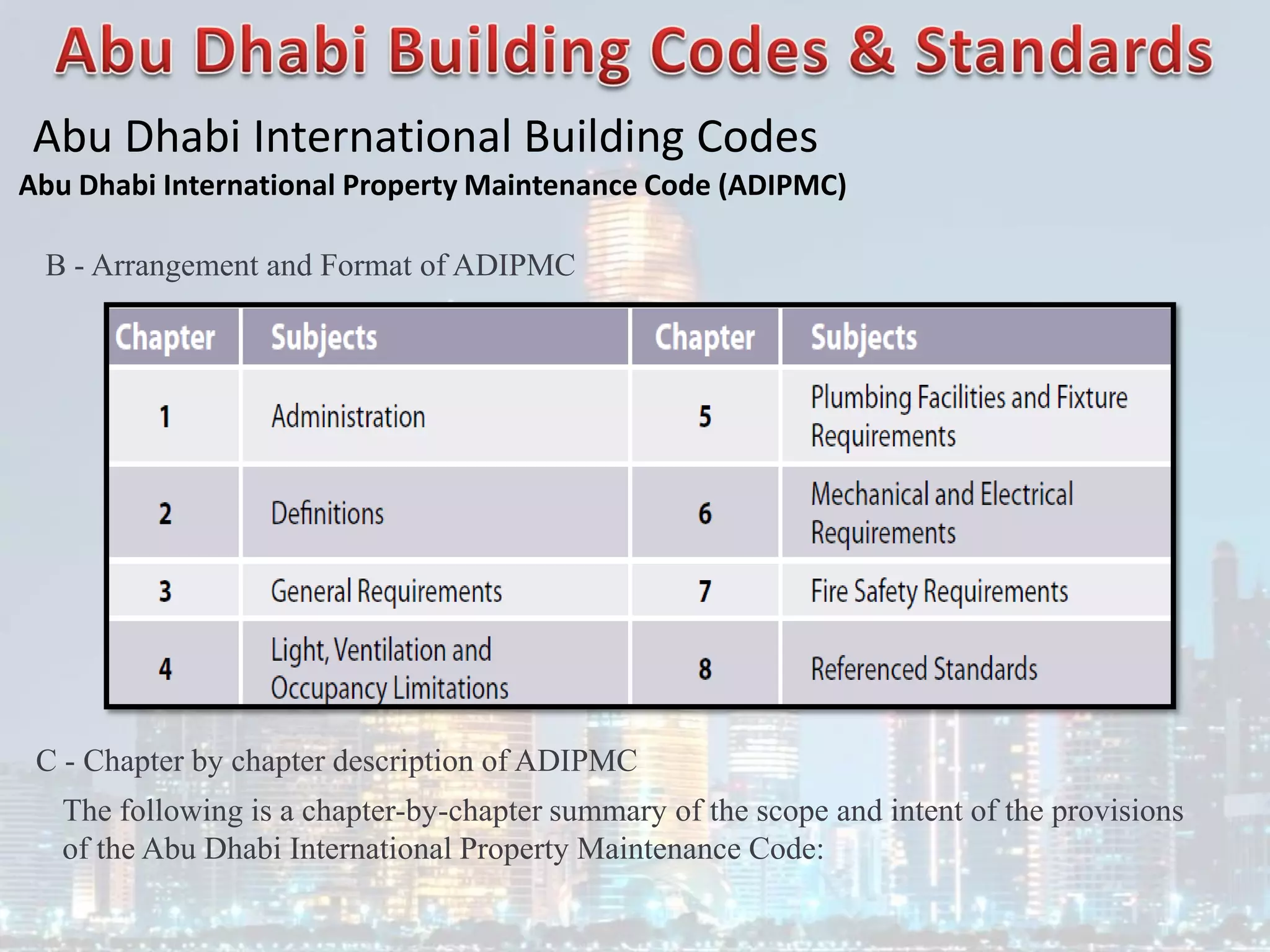 Abu Dhabi International Building Codes
Abu Dhabi International Property Maintenance Code (ADIPMC)
B - Arrangement and Format of ADIPMC
C - Chapter by chapter description of ADIPMC
The following is a chapter-by-chapter summary of the scope and intent of the provisions
of the Abu Dhabi International Property Maintenance Code:
 