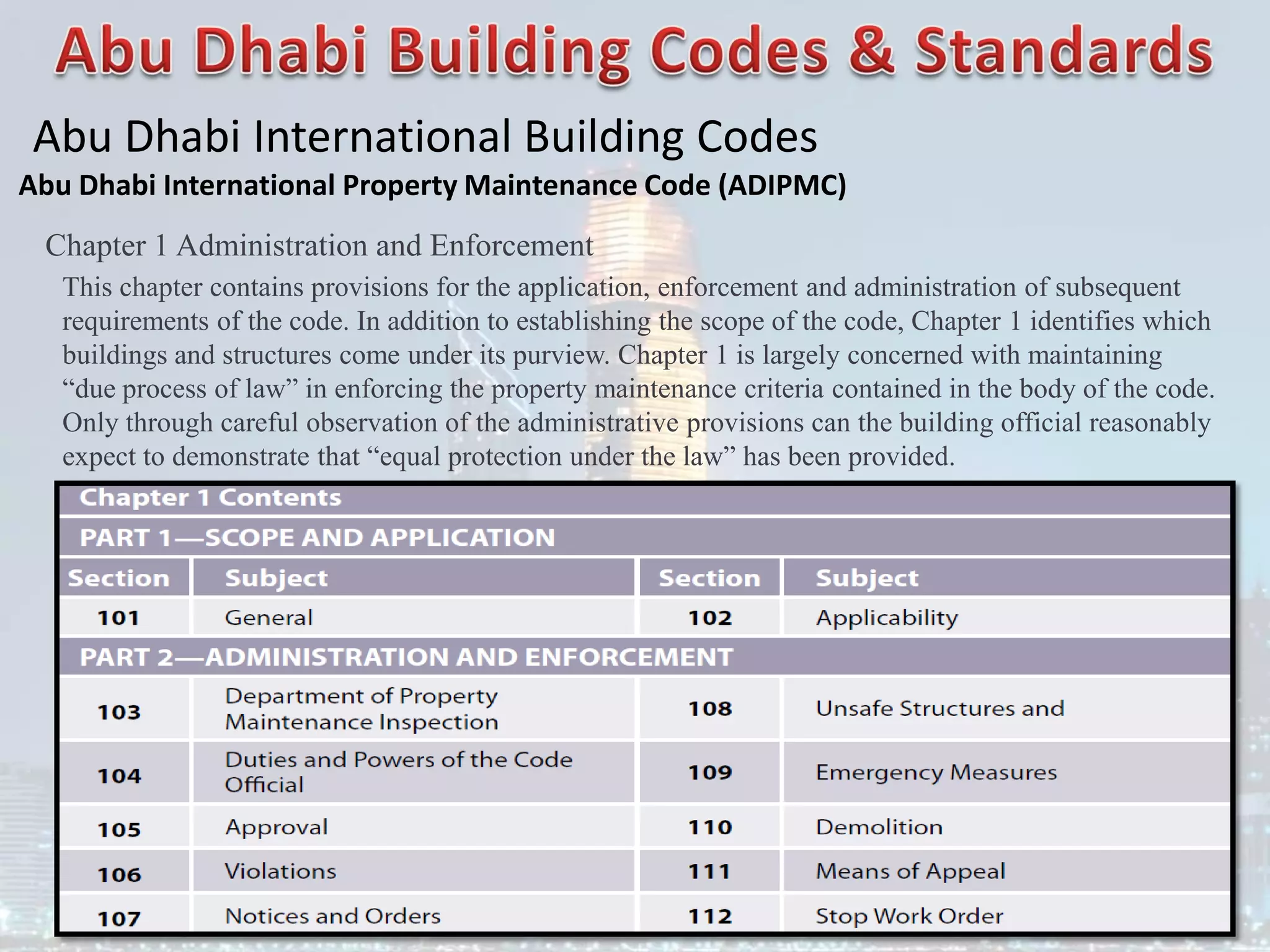 Abu Dhabi International Building Codes
Abu Dhabi International Property Maintenance Code (ADIPMC)
Chapter 1 Administration and Enforcement
This chapter contains provisions for the application, enforcement and administration of subsequent
requirements of the code. In addition to establishing the scope of the code, Chapter 1 identifies which
buildings and structures come under its purview. Chapter 1 is largely concerned with maintaining
“due process of law” in enforcing the property maintenance criteria contained in the body of the code.
Only through careful observation of the administrative provisions can the building official reasonably
expect to demonstrate that “equal protection under the law” has been provided.
 