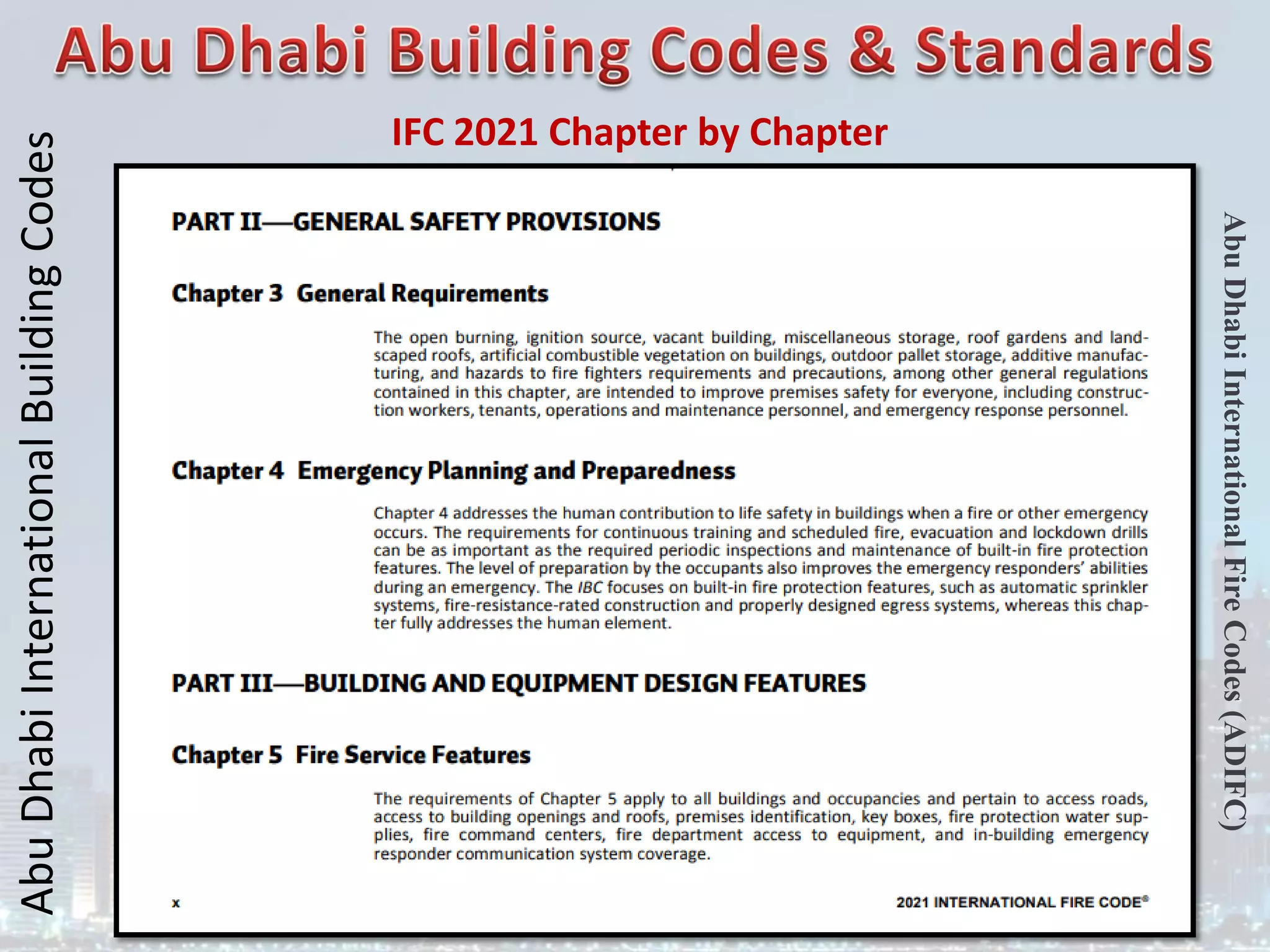 Abu
Dhabi
International
Building
Codes
Abu
Dhabi
International
Fire
Codes
(ADIFC)
IFC 2021 Chapter by Chapter
 