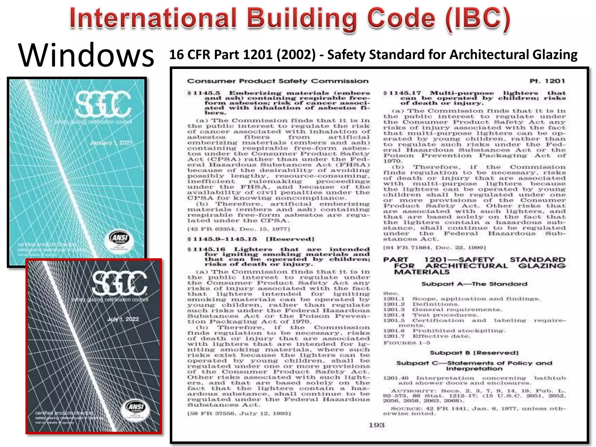 Windows 16 CFR Part 1201 (2002) - Safety Standard for Architectural Glazing
 