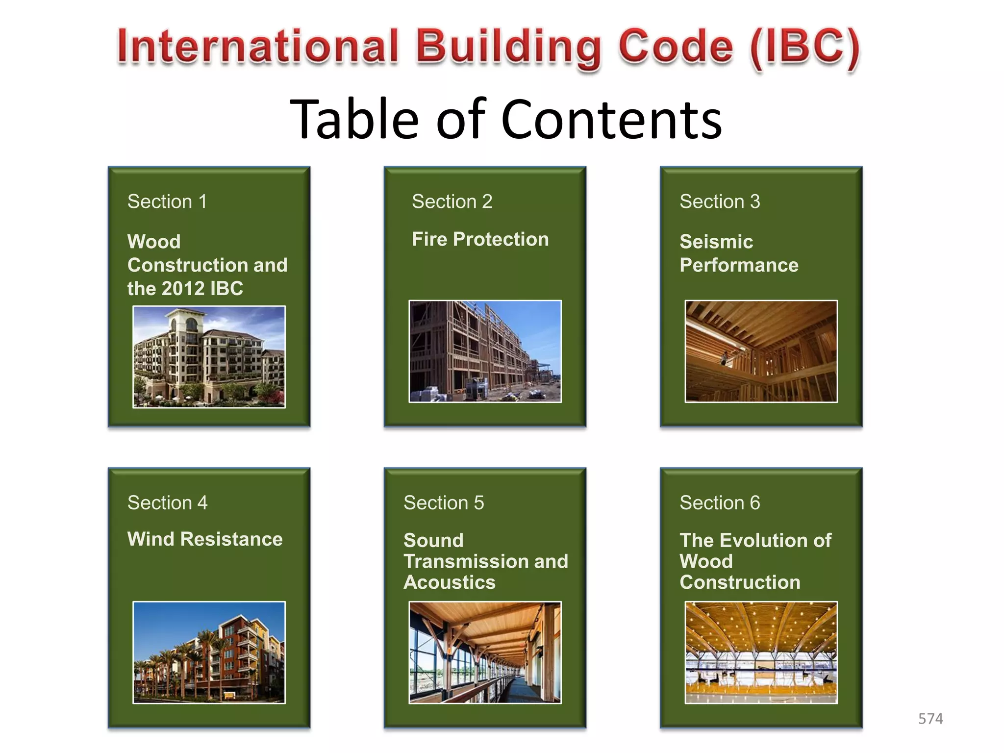 Table of Contents
Section 1
Wood
Construction and
the 2012 IBC
Section 2
Fire Protection
Section 3
Seismic
Performance
Section 4
Wind Resistance
Section 5
Sound
Transmission and
Acoustics
Section 6
The Evolution of
Wood
Construction
574
 
