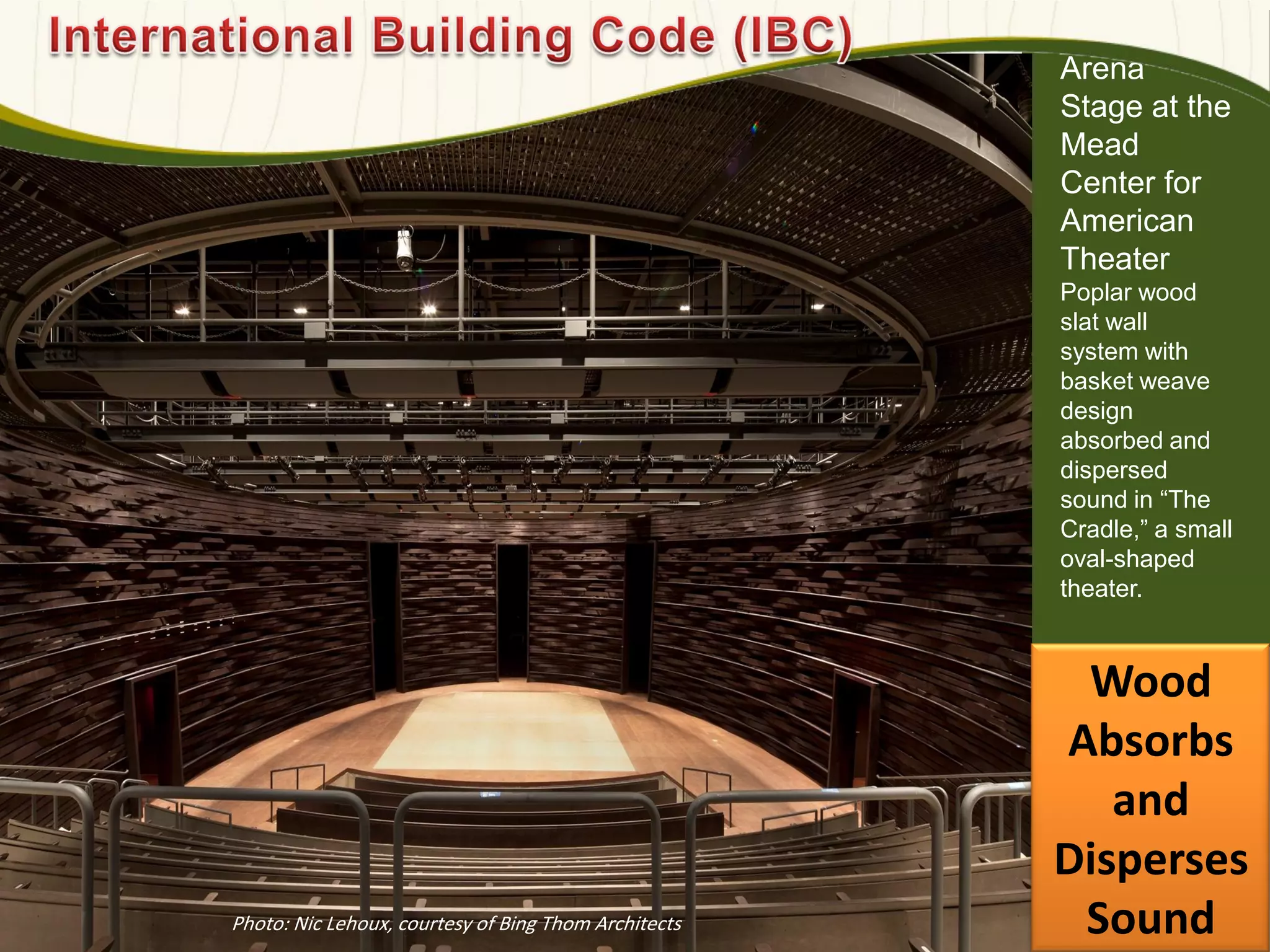 Arena
Stage at the
Mead
Center for
American
Theater
Poplar wood
slat wall
system with
basket weave
design
absorbed and
dispersed
sound in ―The
Cradle,‖ a small
oval-shaped
theater.
634
Photo: Nic Lehoux, courtesy of Bing Thom Architects
Wood
Absorbs
and
Disperses
Sound
 