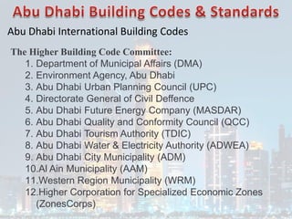 Abu Dhabi International Building Codes
The Higher Building Code Committee:
1. Department of Municipal Affairs (DMA)
2. Environment Agency, Abu Dhabi
3. Abu Dhabi Urban Planning Council (UPC)
4. Directorate General of Civil Deffence
5. Abu Dhabi Future Energy Company (MASDAR)
6. Abu Dhabi Quality and Conformity Council (QCC)
7. Abu Dhabi Tourism Authority (TDIC)
8. Abu Dhabi Water & Electricity Authority (ADWEA)
9. Abu Dhabi City Municipality (ADM)
10.Al Ain Municipality (AAM)
11.Western Region Municipality (WRM)
12.Higher Corporation for Specialized Economic Zones
(ZonesCorps)
 