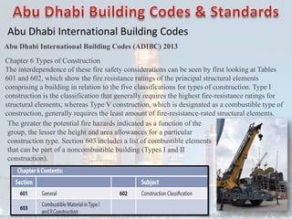 Abu Dhabi International Building Codes
Abu Dhabi International Building Codes (ADIBC) 2013
Chapter 6 Types of Construction
The interdependence of these fire safety considerations can be seen by first looking at Tables
601 and 602, which show the fire resistance ratings of the principal structural elements
comprising a building in relation to the five classifications for types of construction. Type I
construction is the classification that generally requires the highest fire-resistance ratings for
structural elements, whereas Type V construction, which is designated as a combustible type of
construction, generally requires the least amount of fire-resistance-rated structural elements.
The greater the potential fire hazards indicated as a function of the
group, the lesser the height and area allowances for a particular
construction type. Section 603 includes a list of combustible elements
that can be part of a noncombustible building (Types I and II
construction).
 