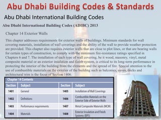 Abu Dhabi International Building Codes
Abu Dhabi International Building Codes (ADIBC) 2013
Chapter 14 Exterior Walls
This chapter addresses requirements for exterior walls of buildings. Minimum standards for wall
covering materials, installation of wall coverings and the ability of the wall to provide weather protection
are provided. This chapter also requires exterior walls that are close to plot lines, or that are bearing walls
for certain types of construction, to comply with the minimum fire-resistance ratings specified in
Chapters 6 and 7. The installation of each type of wall covering, be it wood, masonry, vinyl, metal
composite material or an exterior insulation and finish system, is critical to its long-term performance in
protecting the interior of the building from the elements and the spread of fire. Special attention to the
use of combustible materials on the exterior of the building such as balconies, eaves, decks and
architectural trim is the focus of Section 1406.
 