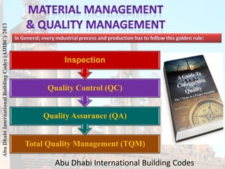 Total Quality Management (TQM)
Quality Assurance (QA)
Quality Control (QC)
Inspection
Abu Dhabi International Building Codes
Abu
Dhabi
International
Building
Codes
(ADIBC)
2013
 