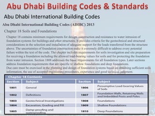 Abu Dhabi International Building Codes
Abu Dhabi International Building Codes (ADIBC) 2013
Chapter 18 Soils and Foundations
Chapter 18 contains minimum requirements for design, construction and resistance to water intrusion of
foundation systems for buildings and other structures. It provides criteria for the geotechnical and structural
considerations in the selection and installation of adequate support for the loads transferred from the structure
above. The uncertainties of foundation construction make it extremely difficult to address every potential
failure within the text of the code. The chapter includes requirements for soils investigation and site preparation
for receiving a foundation including the allowed load-bearing values for soils and for protecting the foundation
from water intrusion. Section 1808 addresses the basic requirements for all foundation types. Later sections
address foundation requirements that are specific to shallow foundations and deep foundations.
Due care must be exercised in the planning and design of foundation systems based on obtaining sufficient soils
information, the use of accepted engineering procedures, experience and good technical judgment.
 