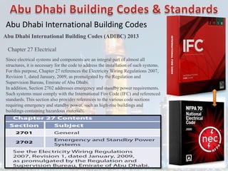 Abu Dhabi International Building Codes
Abu Dhabi International Building Codes (ADIBC) 2013
Chapter 27 Electrical
Since electrical systems and components are an integral part of almost all
structures, it is necessary for the code to address the installation of such systems.
For this purpose, Chapter 27 references the Electricity Wiring Regulations 2007,
Revision 1, dated January, 2009, as promulgated by the Regulation and
Supervision Bureau, Emirate of Abu Dhabi.
In addition, Section 2702 addresses emergency and standby power requirements.
Such systems must comply with the International Fire Code (IFC) and referenced
standards. This section also provides references to the various code sections
requiring emergency and standby power, such as high-rise buildings and
buildings containing hazardous materials.
 