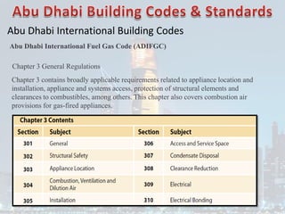 Abu Dhabi International Building Codes
Abu Dhabi International Fuel Gas Code (ADIFGC)
Chapter 3 General Regulations
Chapter 3 contains broadly applicable requirements related to appliance location and
installation, appliance and systems access, protection of structural elements and
clearances to combustibles, among others. This chapter also covers combustion air
provisions for gas-fired appliances.
 