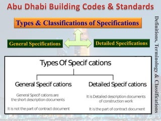 Types & Classifications of Specifications
General Specifications Detailed Specifications
Definitions,
Terminology
&
Classifications
 