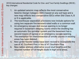 2018 International Residential Code for One- and Two-Family Dwellings (IRC®) ;
key changes:
1. An updated seismic map reflects the most conservative
Seismic Design Category (SDC) based on any soil type and a
new map reflects less conservative SDCs when Site Class A, B
or D is applicable.
2. The townhouse separation provisions now include options for
using two separate fire-resistant-rated walls or a common wall.
3. An emergency escape and rescue opening is no longer
required in basement sleeping rooms where the dwelling has
an automatic fire sprinkler system and the basement has a
second means of egress or an emergency escape opening.
4. The exemption for interconnection of smoke alarms in existing
areas has been deleted.
5. New girder/header tables have been revised to incorporate the
use of #2 Southern Pine in lieu of #1 Southern Pine.
6. New tables address alternative wood stud heights and the
required number of full height studs in high wind areas.
 