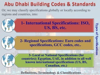 Types
of
Specifications
Or; we may classify specifications globally or locally according to
regions and countries, into:
1- International Specifications: ISO,
US, BS, etc.
2- Regional Specifications: Euro codes and
specifications, GCC codes, etc..
3- Local or National Specifications (for
countries): Egyptian, UAE, in addition to all well
known international specifications (US, BS,
Canadian, etc.)
Definitions, Terminology & Classifications
 