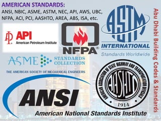 ANSI, NBIC, ASME, ASTM, NEC, API, AWS, UBC,
NFPA, ACI, PCI, AASHTO, AREA, ABS, ISA, etc.
 