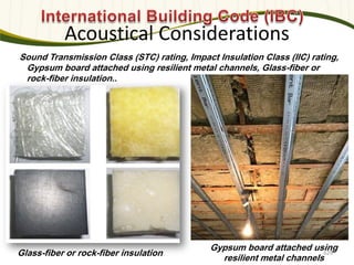 Photo: Davis & Church LLC
Sound Transmission Class (STC) rating, Impact Insulation Class (IIC) rating,
Gypsum board attached using resilient metal channels, Glass-fiber or
rock-fiber insulation..
Acoustical Considerations
629
Gypsum board attached using
resilient metal channels
Glass-fiber or rock-fiber insulation
 