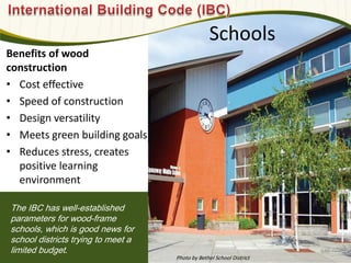 Schools
Benefits of wood
construction
• Cost effective
• Speed of construction
• Design versatility
• Meets green building goals
• Reduces stress, creates
positive learning
environment
The IBC has well-established
parameters for wood-frame
schools, which is good news for
school districts trying to meet a
limited budget. 640
Photo by Bethel School District
 