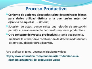 Proceso Productivo
Conjunto de acciones ejecutadas sobre determinados bienes
para darles utilidad distinta a la que tenían antes del
ejercicio de aquellas ….. (Osorio)
Sucesión de actos, donde existe una relación de prestación
permite el encadenamiento de transformaciones productivas
Otro concepto de Proceso productivo: sistema que permite,
mediante la utilización o combinación de determinados bienes
o servicios, obtener otros distintos.
Para graficar el tema, veamos el siguiente video:
http://www.educatina.com/economia/introduccion-a-la-
economia/factores-de-produccion-video
 