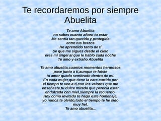 Te recordaremos por siempre
Abuelita
Te amo Abuelita
no sabes cuanto añoro tu estar
Me sentía tan querida y protegida
entre tus brazos
He aprendido tanto de tí
Se que me sigues desde el cielo
eres mi ángel al que le hablo cada noche
Te amo y extraño Abuelita
Te amo abuelita,cuantos momentos hermosos
pase junto a ti,aunque te fuiste
tu amor quedo sembrado dentro de mi.
En cada mujer,que tiene la cara curtida por
el tiempo te veo a ti,con los valores que me
enseñaste,tu dulce mirada que parecía estar
endulzada con miel,siempre la recuerdo.
Hoy como invitado te hago este homenaje,
yo nunca te olvido,todo el tiempo te he sido
muy fiel.
Te amo abuelita...
 