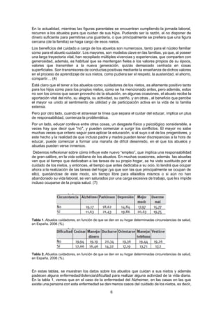 6
En la actualidad, mientras las figuras parentales se encuentran cumpliendo la jornada laboral,
recurren a los abuelos para que cuiden de sus hijos. Pudiendo ser la razón, el no disponer de
dinero suficiente para permitirse una guardería, o que principalmente se prefiera que una figura
cercana (de la familia) se haga cargo de esos nietos.
Los beneficios del cuidado a cargo de los abuelos son numerosos, tanto para el núcleo familiar
como para el abuelo cuidador. Los mayores, son modelos clave en las familias, ya que, al poseer
una larga trayectoria vital, han recopilado múltiples vivencias y experiencias, que comparten con
generosidad, además, es habitual que se mantengan fieles a los valores propios de su época,
valores que transmiten a la nueva generación, quizás demasiado centrada en cosas
superficiales. Son transmisores de conductas positivas mediante la enseñanza de dichos valores
en el proceso de aprendizaje de sus nietos, como pudiera ser el respeto, la austeridad, el ahorro,
compartir… (4)
Está claro que el tener a los abuelos como cuidadores de los nietos, es altamente positivo tanto
para los hijos como para los propios nietos, como se ha mencionado antes, pero además, estos
no son los únicos que sacan provecho de la situación, en algunas ocasiones, el abuelo recibe la
aportación vital del niño, su alegría, su actividad, su cariño, y en otras , el beneficio que percibe
el mayor va unido al sentimiento de utilidad y de participación activa en la vida de la familia
extensa.
Pero por otro lado, cuando el atravesar la línea que separa el cuidar del educar, implica un plus
de responsabilidad, comienza la problemática.
Por un lado, educar conlleva entre otras cosas, un desgaste físico y psicológico considerable, a
veces hay que decir que "no", y pueden comenzar a surgir los conflictos. El mayor no sabe
muchas veces que criterio seguir para aplicar la educación, si el suyo o el de los progenitores, y
este hecho y la realidad de que incluso padre y madre pueden tener discrepancias a la hora de
educar, puede comenzar a formar una maraña de difícil desenredo, en el que los abuelos y
abuelas pueden verse inmersos.
Debemos reflexionar sobre cómo influye este nuevo “empleo”, que implica una responsabilidad
de gran calibre, en la vida cotidiana de los abuelos. En muchas ocasiones, además las abuelas
ven que el tiempo que dedicaban a las tareas de su propio hogar, se ha visto sustituido por el
cuidado de los nietos, y entonces, el tiempo que antes dedicaba a su ocio, lo tendrá que ocupar
ahora a la realización de las tareas del hogar (ya que son las que principalmente se ocupan de
ello), quedándose de este modo, sin tiempo libre para ella/ellos mismos o si aún no han
abandonado su vida laboral, se ven saturados por una carga excesiva de trabajo, que les impide
incluso ocuparse de la propia salud. (7)
Tabla 1. Abuelos cuidadores, en función de que se den en su hogar determinadas circunstancias de salud,
en España, 2006 (%).
Tabla 2. Abuelos cuidadores, en función de que se den en su hogar determinadas circunstancias de salud,
en España, 2006 (%).
En estas tablas, se muestran los datos sobre los abuelos que cuidan a sus nietos y además
padecen alguna enfermedad/dolencia/dificultad para realizar alguna actividad de la vida diaria.
En la tabla 1, vemos que en el caso de la enfermedad del Alzheimer, en las casas en las que
existe una persona con esta enfermedad se dan menos casos del cuidado de los nietos, es decir,
 