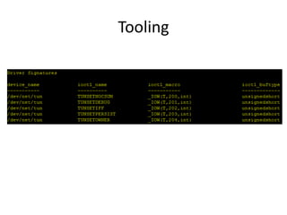 Tooling
• Will make it available after the talk
– Ping me if you’d like it sooner
 