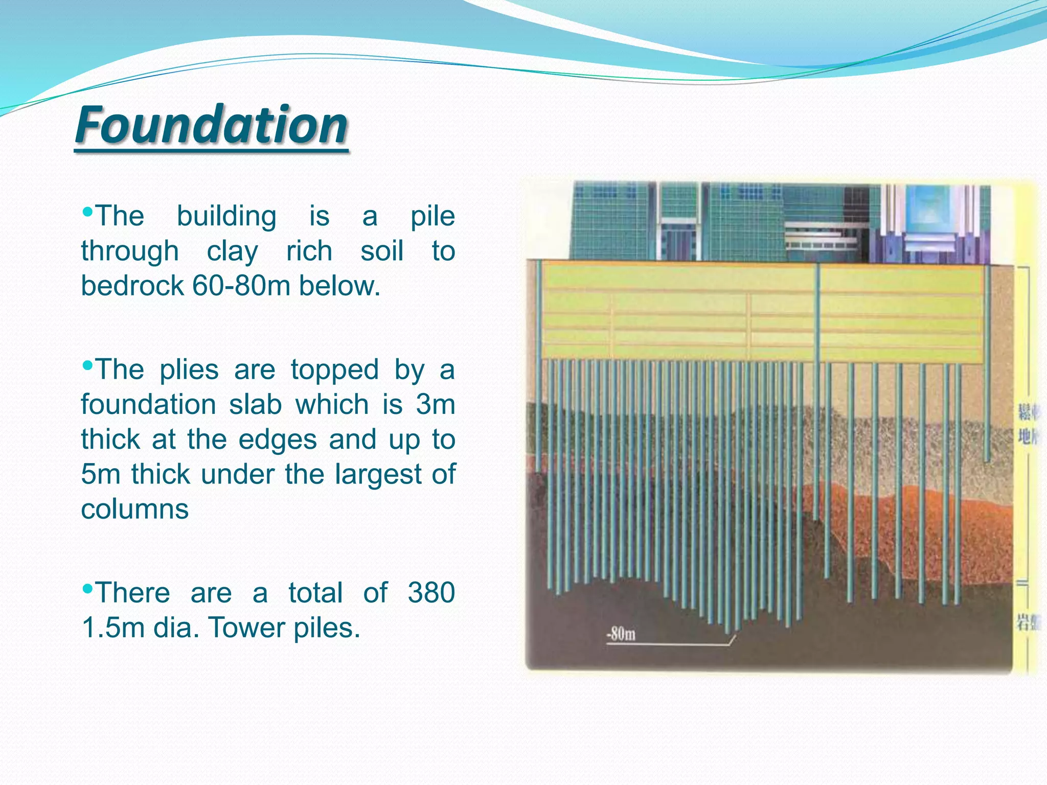 Foundation
•The building is a pile
through clay rich soil to
bedrock 60-80m below.
•The plies are topped by a
foundation slab which is 3m
thick at the edges and up to
5m thick under the largest of
columns
•There are a total of 380
1.5m dia. Tower piles.
 