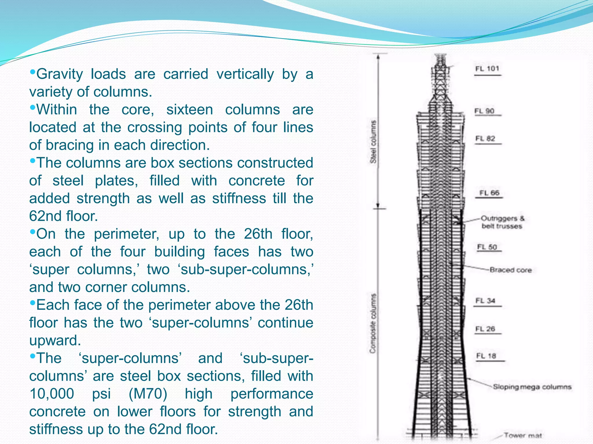 •Gravity loads are carried vertically by a
variety of columns.
•Within the core, sixteen columns are
located at the crossing points of four lines
of bracing in each direction.
•The columns are box sections constructed
of steel plates, filled with concrete for
added strength as well as stiffness till the
62nd floor.
•On the perimeter, up to the 26th floor,
each of the four building faces has two
‘super columns,’ two ‘sub-super-columns,’
and two corner columns.
•Each face of the perimeter above the 26th
floor has the two ‘super-columns’ continue
upward.
•The ‘super-columns’ and ‘sub-super-
columns’ are steel box sections, filled with
10,000 psi (M70) high performance
concrete on lower floors for strength and
stiffness up to the 62nd floor.
 