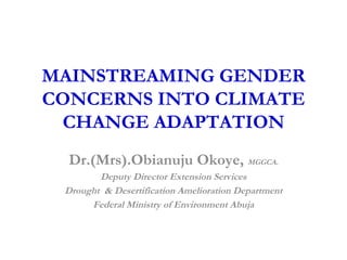 MAINSTREAMING GENDER  CONCERNS  IN TO  CLIMATE CHANGE ADAPTATION Dr.(Mrs).Obianuju Okoye,  MGGCA. Deputy Director Extension Services Drought  & Desertification Amelioration Department Federal Ministry of Environment Abuja 