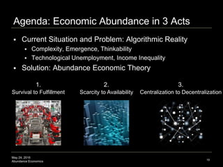 May 24, 2016
Abundance Economics
Agenda: Economic Abundance in 3 Acts
 Current Situation and Problem: Algorithmic Reality...