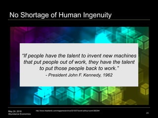 May 24, 2016
Abundance Economics
No Shortage of Human Ingenuity
23
“If people have the talent to invent new machines
that ...