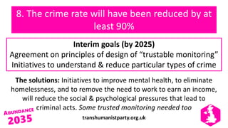 transhumanistparty.org.uk
8. The crime rate will have been reduced by at
least 90%
The solutions: Initiatives to improve mental health, to eliminate
homelessness, and to remove the need to work to earn an income,
will reduce the social & psychological pressures that lead to
criminal acts. Some trusted monitoring needed too
Interim goals (by 2025)
Agreement on principles of design of “trustable monitoring”
Initiatives to understand & reduce particular types of crime
 