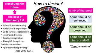 How to decide?
The best of
Humanity 1.0
A mix of features!
Some should be
preserved!
Some should be
enhanced!
Some should be
transcended!
• Scientific understanding
• Rationality & experiment
• Wide cultural appreciation
• Integrated diversity
• Creative imagination
• Thoughtful scepticism
➢Collective wisdom
• Approached step-by-step
2019-2025-2035…
Transhumanist
future
“Transhumanism”
 