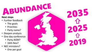 Next steps
• Further feedback
• The goals
• Priorities
• Party name?
• Deepen analysis
• One day conference
• Party AGM?
• 16th Nov?
• NEC ministers?
• One per goal
 