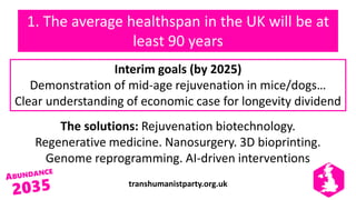 transhumanistparty.org.uk
1. The average healthspan in the UK will be at
least 90 years
Interim goals (by 2025)
Demonstration of mid-age rejuvenation in mice/dogs…
Clear understanding of economic case for longevity dividend
The solutions: Rejuvenation biotechnology.
Regenerative medicine. Nanosurgery. 3D bioprinting.
Genome reprogramming. AI-driven interventions
 