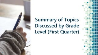 14
Summary of Topics
Discussed by Grade
Level (First Quarter)
 