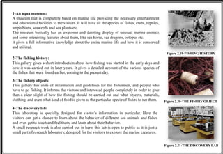 1-An aqua museum:
A museum that is completely based on marine life providing the necessary entertainment
and educational facilities to the visitors. It will have all the species of fishes, crabs, reptiles,
amphibians, seaweeds and sea plants etc.
The museum basically has an awesome and dazzling display of unusual marine animals
and some interesting features about them, like sea horse, sea dragons, octopus etc.
It gives a full informative knowledge about the entire marine life and how it is conserved
and utilized.
2-The fishing history:
This gallery gives a short introduction about how fishing was started in the early days and
how it was carried out in later years. It gives a detailed account of the various species of
the fishes that were found earlier, coming to the present day.
3-The fishery objects:
This gallery has alots of information and guidelines for the fishermen, and people who
have to go fishing. It informs the visitors and interested people completely in order to give
then a clear slight of how the fishing should be carried out and what objects, materials,
clothing, and even what kind of food is given to the particular specie of fishes to net them. Figure 2.20-THE FISHRY OBJECT
Figure 2.19-FISHING HISTORY
4-The discovery lab:
This laboratory is specially designed for visitor’s information in particular. Here the
visitors can get a chance to learn about the behavior of different sea animals and fishes
and even get to touch and feel them, and learn about their behavior.
A small research work is also carried out in here; this lab is open to public as it is just a
small part of research laboratory, designed for the visitors to explore the marine creatures.
Figure 2.21-THE DISCOVERY LAB
 