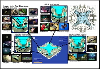Lower level first floor plan
INDIAN OCEAN ZONE
CORAL REEF
FLUORESCENT
CORALS
SYMBIOSIS
BIOLUMINESCENT
FISH
MORAINES MANGROVE FOREST ADAPTATION
ATLANTIC NORTH ZONE
ROCKY REEF
FLATFISH
SEA NETTLESPRAIRIE NAVYFISH AZORES
LIFE ALONG THE BOTTOM
SOUTH AUSTRALIA ZONE
SEA DRAGONS
SOUTH AFRICA ZONE
ROCKY REEF IN
THE PACIFIC
WOLF-EELS GIANT PACIFIC OCTOPUSINVERTEBRATES
 