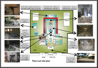 Fresh water supply room (8 sq.m)
Sea water supply room ( 15 sq.m)
Setting tank
6 sq.m
snak tank
3 sq.m
Room size 9
sq.m
Audi room
Area 33 sq.m
50 person
Water tank
1.2 m depth
2.1 m hight
Front set back
Use for staff
parking
Attractive
fountain
at entrance
area
Canteen area – 35 sq.m
Kitchen area – 12 sq.m
Total open area - 560 sq.m
Building area – 330 sq.m
Floor cum site plan
 