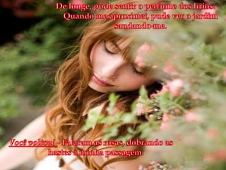 De longe, pude sentir o perfume dos lírios. Quando me aproximei, pude ver o jardim saudando-me. Você voltou!- Falaram as rosas, dobrando as hastes à minha passagem.