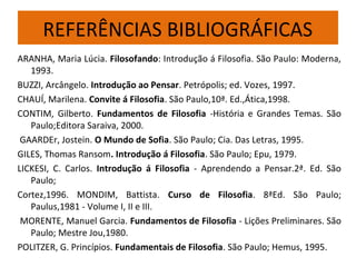 REFERÊNCIAS BIBLIOGRÁFICAS
ARANHA, Maria Lúcia. Filosofando: Introdução á Filosofia. São Paulo: Moderna,
1993.
BUZZI, Arcângelo. Introdução ao Pensar. Petrópolis; ed. Vozes, 1997.
CHAUÍ, Marilena. Convite á Filosofia. São Paulo,10ª. Ed.,Ática,1998.
CONTIM, Gilberto. Fundamentos de Filosofia -História e Grandes Temas. São
Paulo;Editora Saraiva, 2000.
GAARDEr, Jostein. O Mundo de Sofia. São Paulo; Cia. Das Letras, 1995.
GILES, Thomas Ransom. Introdução á Filosofia. São Paulo; Epu, 1979.
LICKESI, C. Carlos. Introdução á Filosofia - Aprendendo a Pensar.2ª. Ed. São
Paulo;
Cortez,1996. MONDIM, Battista. Curso de Filosofia. 8ªEd. São Paulo;
Paulus,1981 - Volume I, II e III.
MORENTE, Manuel Garcia. Fundamentos de Filosofia - Lições Preliminares. São
Paulo; Mestre Jou,1980.
POLITZER, G. Princípios. Fundamentais de Filosofia. São Paulo; Hemus, 1995.
 