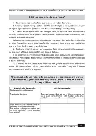 Metodologia e Sistematização de Experiências Coletivas Populares
A BUSCA DO TEMA GERADOR NA PRÁXIS DA EDUCAÇÃO POPULAR 52
Critérios para seleção das “falas”
1 - Devem ser selecionadas falas que expressem visões de mundo.
2 - Falas que possibilitem perceber o conﬂito, a contradição social e, sobretudo, sejam
situações signiﬁcativas do ponto de vista da(s) comunidade(s) investigada(s).
3 - As falas devem representar uma situação-limite, ou seja, um limite explicativo na
visão da comunidade a ser superado (senso comum), caracterizando-se como um con-
traponto à visão do educador.
4 - Devem ser falas explicativas, abrangentes, que extrapolem a simples constatação
ou situações restritas a uma pessoa ou família, mas que opinem sobre dada realidade e
que envolvam de algum modo a coletividade.
5 - Dentro do possível, devem ser resgatadas falas como originalmente aparecem,
ou seja, sem o ﬁltro do pesquisador, com gírias e dialetos.
6 -As observações, inferências e interpretação do grupo pesquisador são imprescindí-
veis, todavia na seleção é desejável que sejam contempladas as falas da(s) comunidade(s)
e do(as) aluno(as).
7 - O número de falas destacadas orienta-se pelo grau de saturação na análise dos
dados. Não há um número mínimo, nem máximo a ser observado. O requisito é de que
representem uma totalidade orgânica.
Organização de um roteiro de pesquisa a ser realizada com alunos
e comunidade. A pesquisa precisa prever: Quem? Como? Quando?
Para que? Para quem?
 