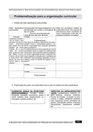 Metodologia e Sistematização de Experiências Coletivas Populares
A BUSCA DO TEMA GERADOR NA PRÁXIS DA EDUCAÇÃO POPULAR 68
Problematização para a organização curricular
 