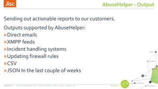 #nsw44
AbuseHelper - Output
Sending out actionable reports to our customers.
Outputs supported by AbuseHelper:
»Direct emails
»XMPP feeds
»Incident handling systems
»Updating firewall rules
»CSV
»JSON In the last couple of weeks
24/03/2016 Title of presentation (Insert > Header & Footer > Slide > Footer > Apply to all)
 
