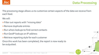 #nsw44
Data Processing
The processing stage allows us to customise certain aspects of the data we receive from
each feed.
We will:
»Filter out reports with “missing data”
»Remove duplicate entries
»Run whois lookups to find correct contacts
»Run GeoIP lookups on IP address
»Retrieve reporting style for each customer
Once this work has been completed, the report is now ready to
be outputted.
24/03/2016 Title of presentation (Insert > Header & Footer > Slide > Footer > Apply to all)
 