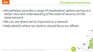 #nsw44
Situational Awareness
»AbuseHelper provides a range of visualisation options giving us a
better view and understanding of the state of security on the
Janet network
»We can see where we’ve improved as a network
»Help identify where we could or should focus our efforts
24/03/2016 Title of presentation (Insert > Header & Footer > Slide > Footer > Apply to all)
 