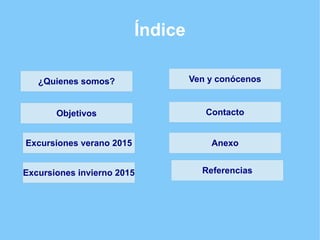Índice
¿Quienes somos?
Objetivos
Excursiones verano 2015
Excursiones invierno 2015
Ven y conócenos
Contacto
Referencias
Anexo
 