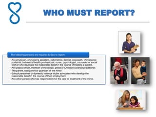 WHO MUST REPORT?




The following persons are required by law to report:

•Any physician, physician's assistant, optometrist, dentist, osteopath, chiropractor,
 podiatrist, behavioral health professional, nurse, psychologist, counselor or social
 worker who develops the reasonable belief in the course of treating a patient.
•Any peace officer, member of the clergy, priest or Christian Science practitioner.
•The parent, stepparent or guardian of the minor.
•School personnel or domestic violence victim advocates who develop the
 reasonable belief in the course of their employment.
•Any other person who has responsibility for the care or treatment of the minor.
 